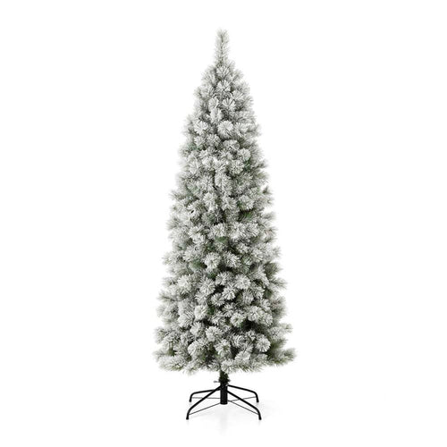7.5ft Pre-Lit Snow Flocked Pencil Pine Artificial Christmas Tree with 350 Warm White Lights