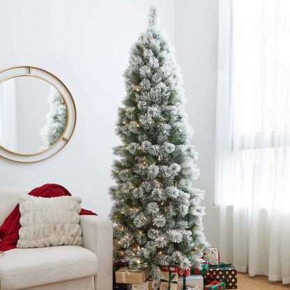 7.5ft Pre-Lit Snow Flocked Pencil Pine Artificial Christmas Tree with 350 Warm White Lights