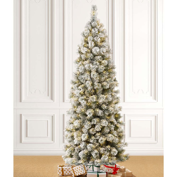 7.5ft Pre-Lit Snow Flocked Pencil Pine Artificial Christmas Tree with 350 Warm White Lights
