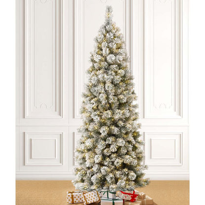7.5ft Pre-Lit Snow Flocked Pencil Pine Artificial Christmas Tree with 350 Warm White Lights