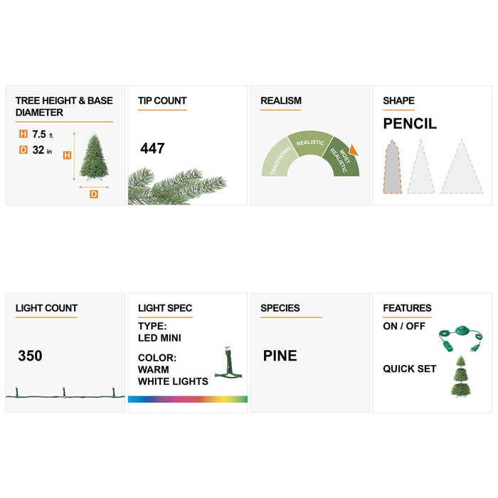 7.5ft Pre-Lit Snow Flocked Pencil Pine Artificial Christmas Tree with 350 Warm White Lights