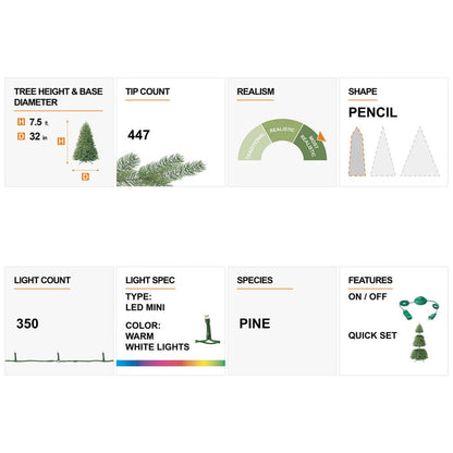 7.5ft Pre-Lit Snow Flocked Pencil Pine Artificial Christmas Tree with 350 Warm White Lights