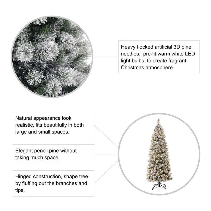 7.5ft Pre-Lit Snow Flocked Pencil Pine Artificial Christmas Tree with 350 Warm White Lights
