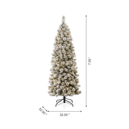 7.5ft Pre-Lit Snow Flocked Pencil Pine Artificial Christmas Tree with 350 Warm White Lights