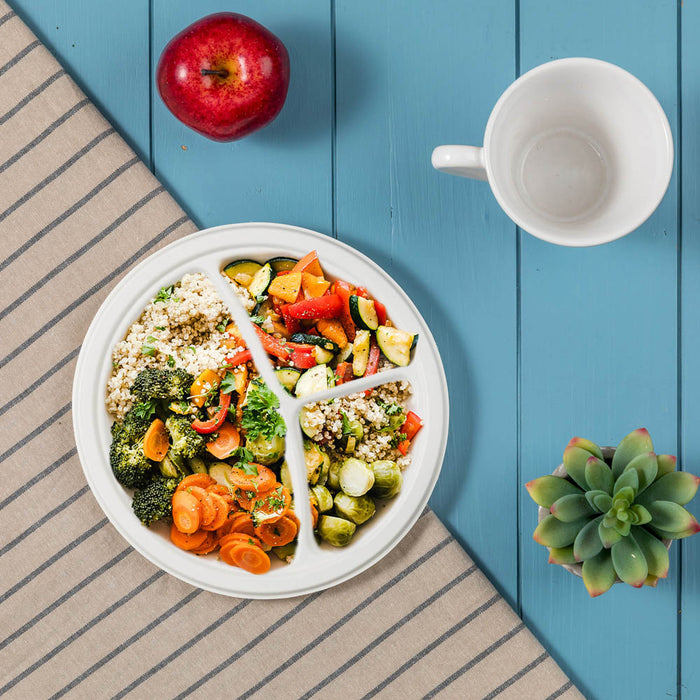 9 inch White Compostable & Disposable Sugarcane Sectional Plates, 300 Pack