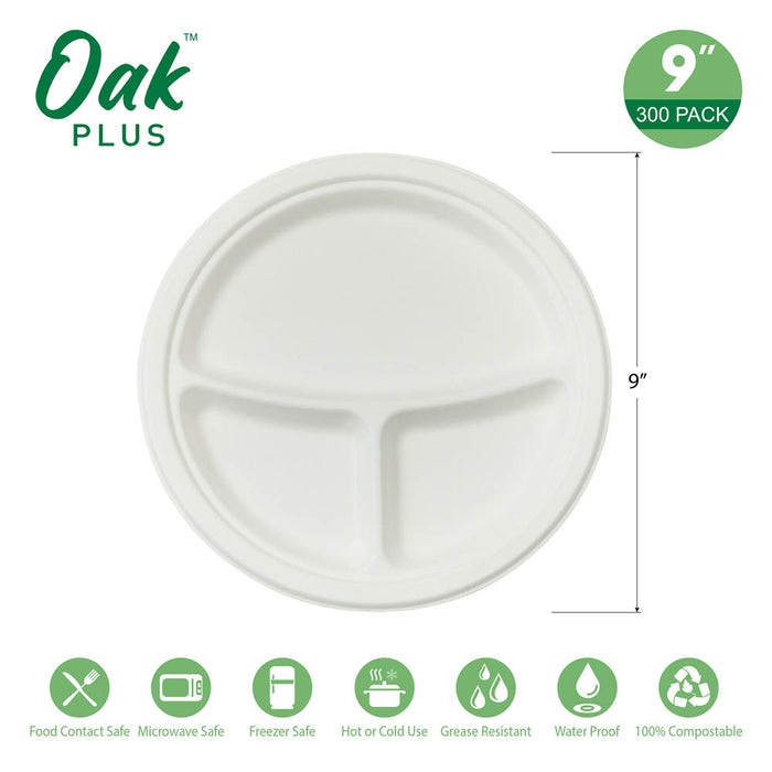9 inch White Compostable & Disposable Sugarcane Sectional Plates, 300 Pack