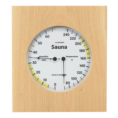 914-620 Sauna Thermometer and Hygrometer dial in oiled oak wood casing displaying a dial split in half with temperature on the right in Fahrenheit from 60 degrees to 245 degrees with optimal range in yellow and the left half showing humidity readings from 0 percent to 75 percent with the optimal range highlighted in yellow
