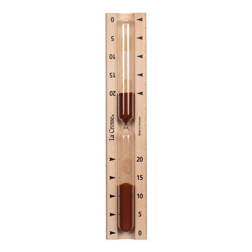 918-631 Sauna Hourglass Timer showing the wood casing, glass tube, and red sand with markings 0 to 20 minutes, the La Crosse logo with approximately 8 minutes left on the timer