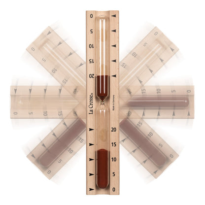 Displaying how the timer functions on the moveable mounting bracket of the 918-631 Sauna Hourglass Timer showing the wood casing, glass tube, and red sand with markings 0 to 20 minutes and the La Crosse logo