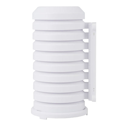 Sensor shield protection for temp and humidity sensors, white cylindrical shape with venting and mounting bracket