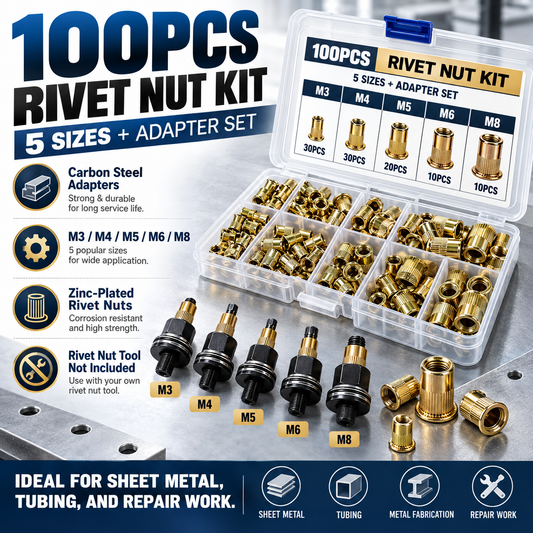 100PCS M3-M8 Rivet Nut Tool Kit – Carbon Steel Threaded Insert Set for Metal Repair & DIY Projects