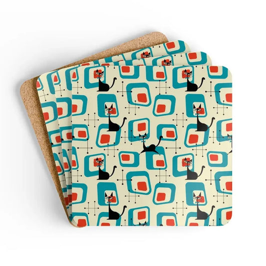 Atomic 50s 60s Drink Coasters – Retro Midcentury Cork Back Set of 4 - retro coaster