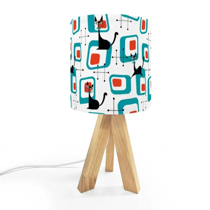 Atomic Cat Retro Tripod Table Lamp: Midcentury Linen Shade Remote LED - US Plug - retro ads