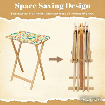 Atomic Wooden TV Tray Tables Set of 4 – Retro Folding Tables for Small Spaces - 4 Pack - retro tv tray