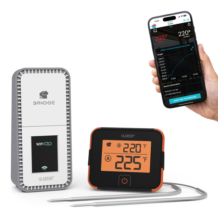 BBQ Boss alert and monitoring system with dual probes to monitor two things at one time works with a Bridge gateway and the La Crosse View app