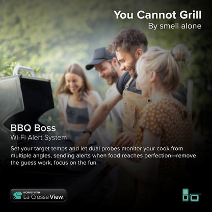 La Crosse Alert and Monitoring system featuring a bbq sensor with a Bridge gateway icons in the corner with two couples enjoying a backyard barbeque standing around a grill smiling and laughing with text You Cannot Grill by Smell Alone