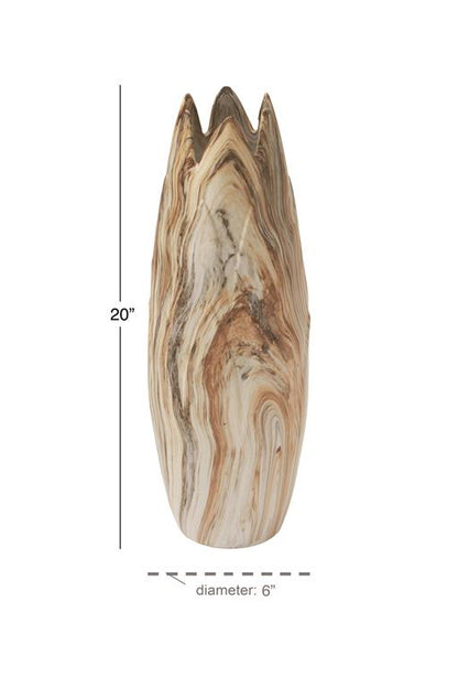 BEIGE CERAMIC MARBLED VASE WITH ANGLED EDGE OPENING,
