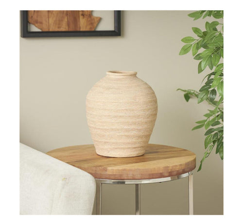 BEIGE CERAMIC WIDE TEXTURED VASE, 11" X 11" X 12"