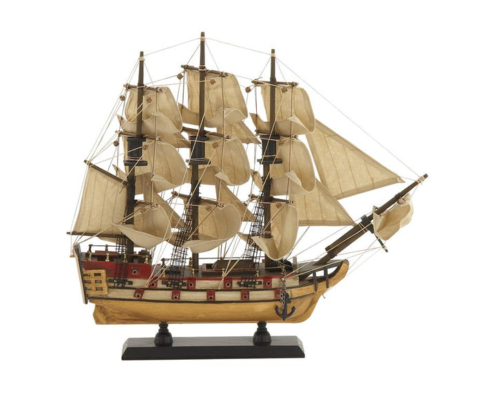 BEIGE WOOD SAIL BOAT SCULPTURE WITH LIFELIKE RIGGING,