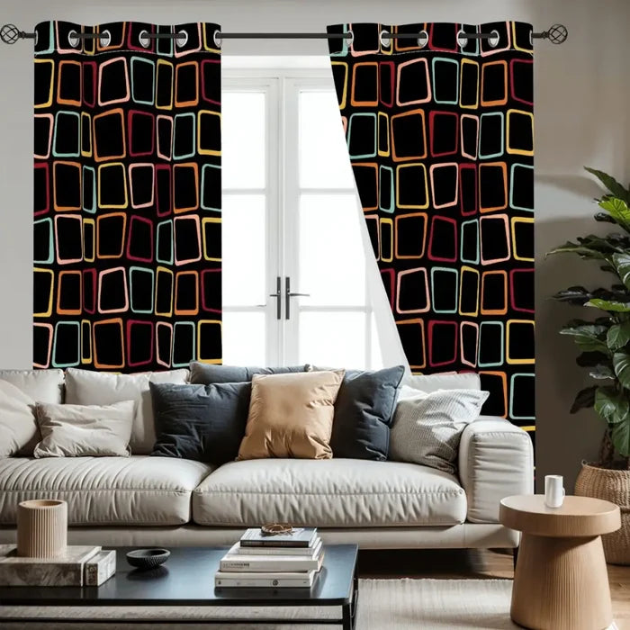 Black 70s Midcentury Blackout Curtains: Retro Squares Design Panels - retro curtains