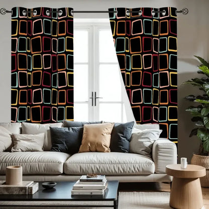 Black 70s Midcentury Blackout Curtains: Retro Squares Design Panels - retro curtains