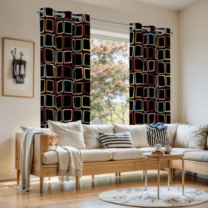 Black 70s Midcentury Blackout Curtains: Retro Squares Design Panels - retro curtains