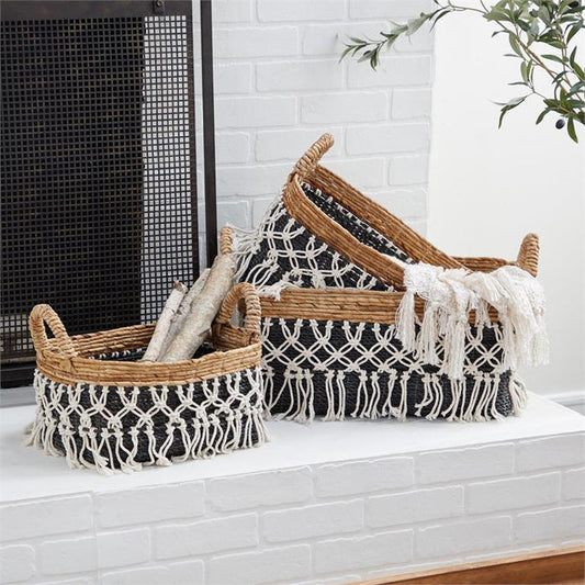 BLACK BANANA LEAF BOHEMIAN STORAGE BASKET