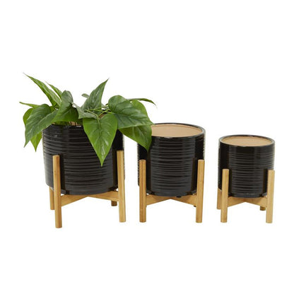 BLACK CERAMIC PLANTER WITH REMOVABLE WOOD STAND