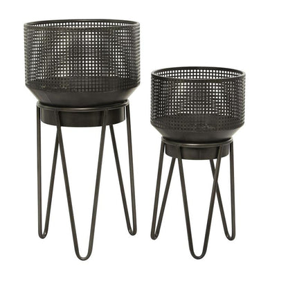 BLACK METAL INDOOR OUTDOOR PLANTER WITH REMOVABLE STAND