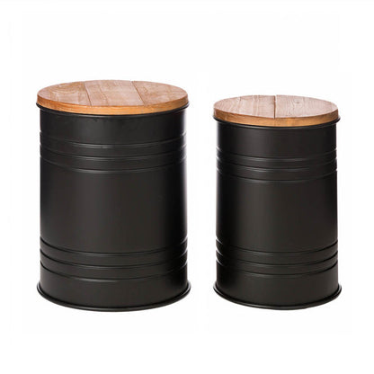 Black Metal Storage Accent Table or Stool with Solid Wood Lid - Set of 2