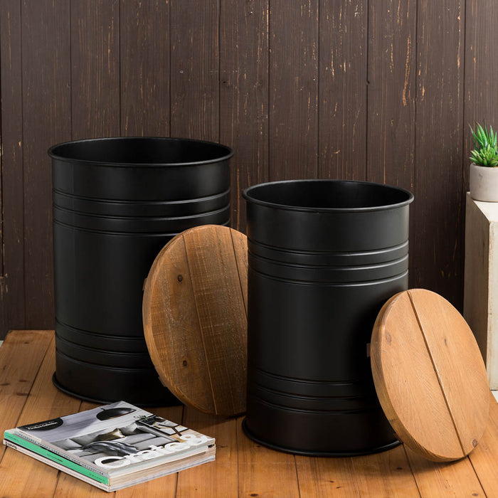 Black Metal Storage Accent Table or Stool with Solid Wood Lid - Set of 2
