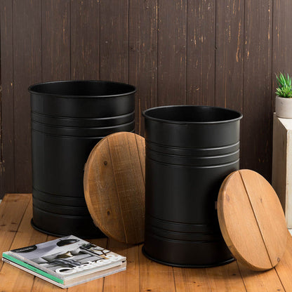 Black Metal Storage Accent Table or Stool with Solid Wood Lid - Set of 2