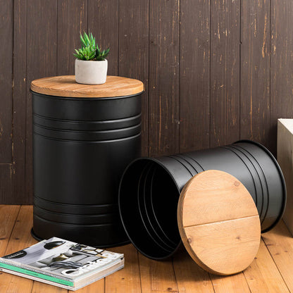 Black Metal Storage Accent Table or Stool with Solid Wood Lid - Set of 2