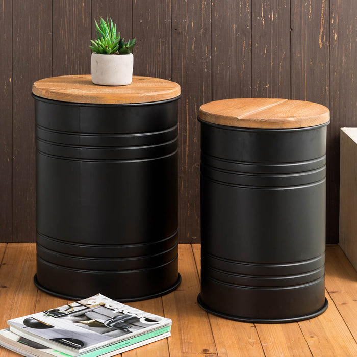Black Metal Storage Accent Table or Stool with Solid Wood Lid - Set of 2