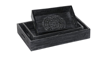 BLACK WOOD FLORAL INTRICATE CARVED TRAY,