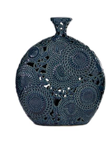 BLUE CERAMIC FLORAL VASE WITH CUT OUT PATTERNS,