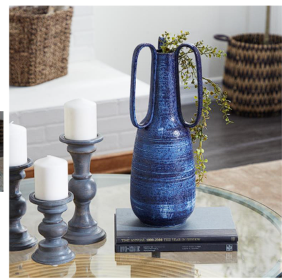 BLUE CERAMIC VASE WITH HANDLES, 7" X 7" X 17"