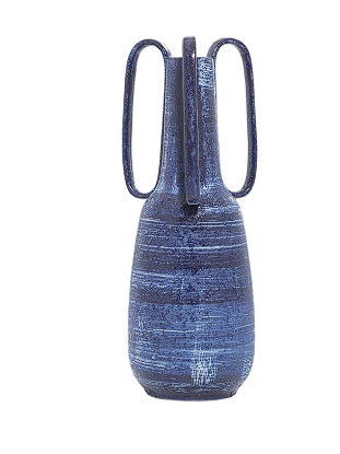 BLUE CERAMIC VASE WITH HANDLES, 7" X 7" X 17"