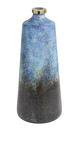 BLUE GLASS ABSTRACT GALAXY INSPIRED VASE WITH GOLD TOP, 7" X 7" X 17"
