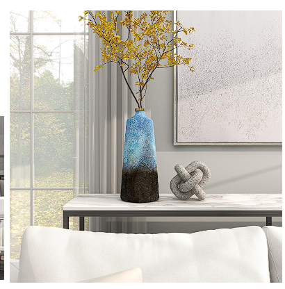 BLUE GLASS ABSTRACT GALAXY INSPIRED VASE WITH GOLD TOP, 7" X 7" X 17"