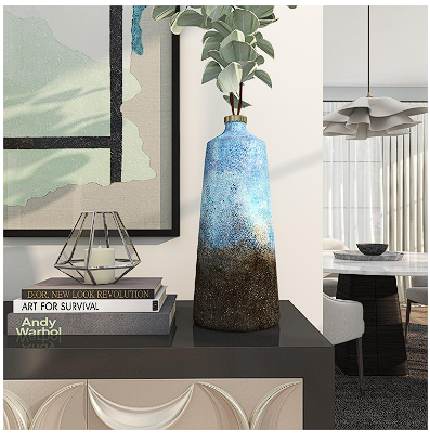 BLUE GLASS ABSTRACT GALAXY INSPIRED VASE WITH GOLD TOP, 7" X 7" X 17"