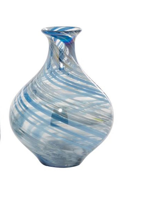 BLUE GLASS HANDMADE BLOWN VASE, SET OF 2 7"W, 10"H