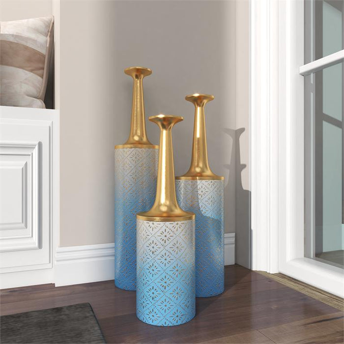 BLUE METAL FLORAL VASE WITH GOLD TOP