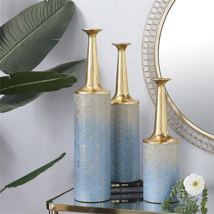 BLUE METAL FLORAL VASE WITH GOLD TOP