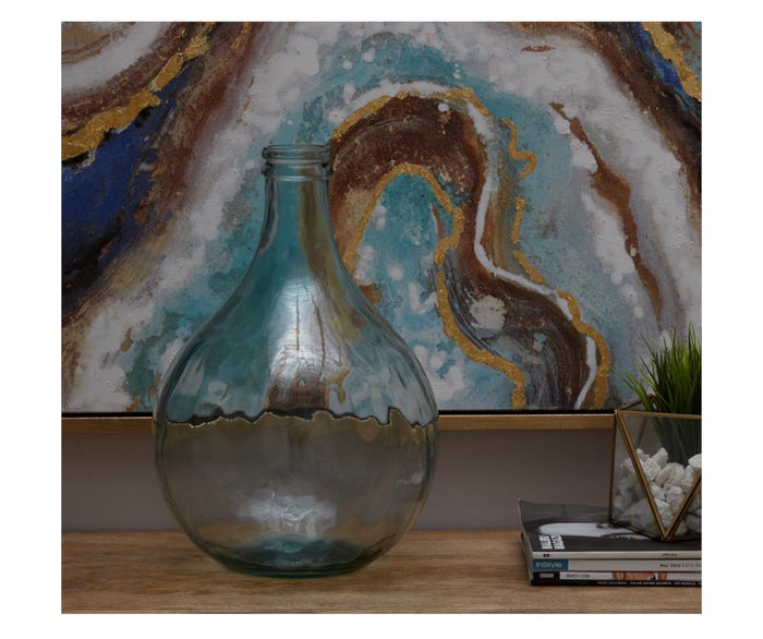 BLUE RECYCLED GLASS SPANISH VASE, 11" X 11" X 17"