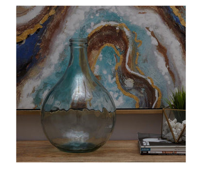 BLUE RECYCLED GLASS SPANISH VASE, 11" X 11" X 17"
