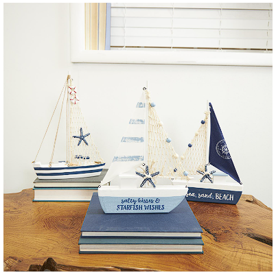BLUE RESIN SAIL BOAT SCULPTURE WITH NETTING AND STARFISH DETAILS
