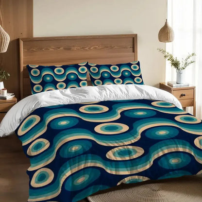 Blue Retro 70s Wave Pattern Duvet Cover Set: Midcentury Modern Bedding - Bedding - retro