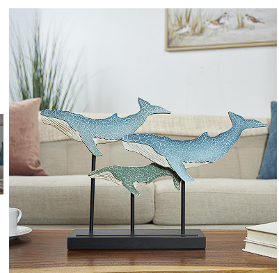 BLUE WOODEN WHALE TEXTURED SCULPTURE WITH BLACK METAL STAND, 20" X 4" X 12"