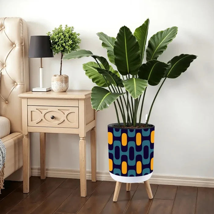 Blue Yellow Retro 70s Scandi Style Planter with Wooden Legs - retro plant pot